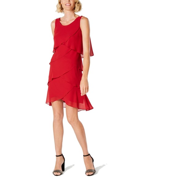 SLNY | Dresses | Slny Women Dress Scarlet Red Size 6 Shift Tiered Chiffon  Bling Shoulder | Poshmark